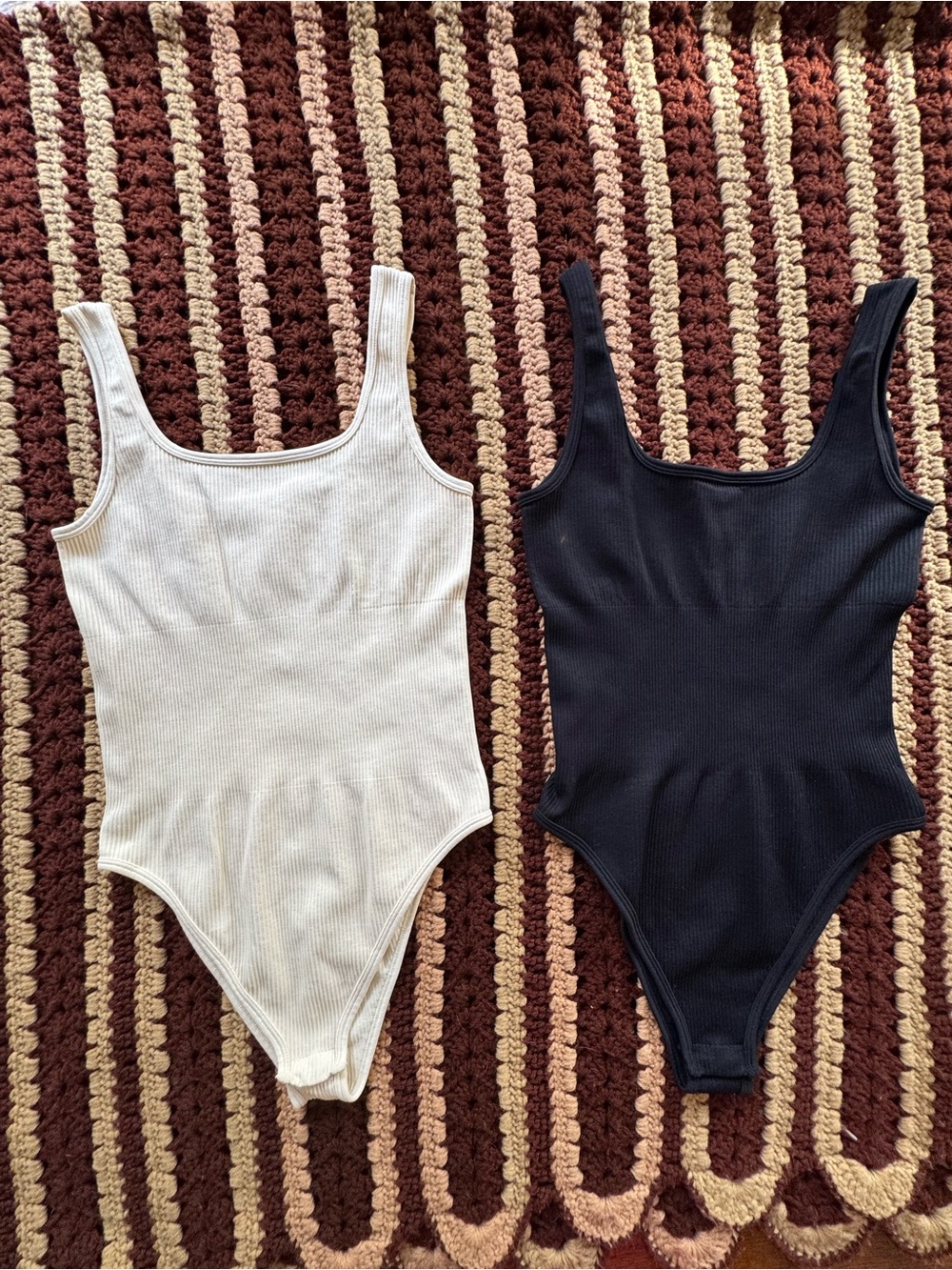 OQQ Ribbed Square Neck Tank Bodysuit Bundle - Black & White/Beige - Size S